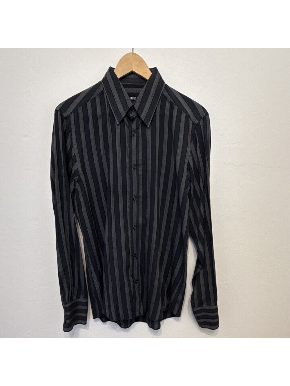 BOSS Hugo Boss Men's Slim Fit Striped Black Gray Dress Shirt M Long Sleeve